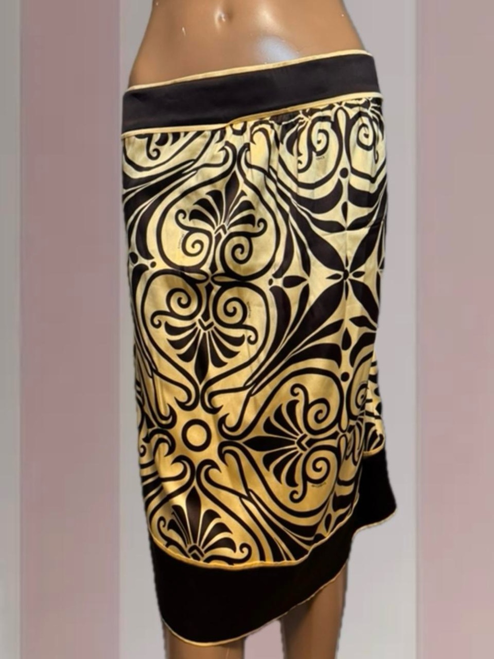Bebe Y2K (96% SILK) Gold/Brown Midi Skirt